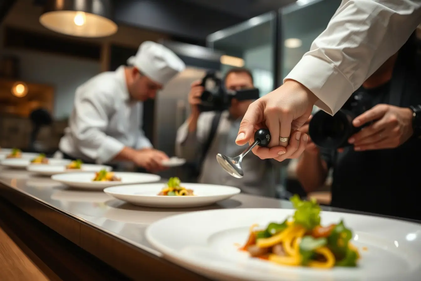 Chef plating a dish while a videographer captures a close-up